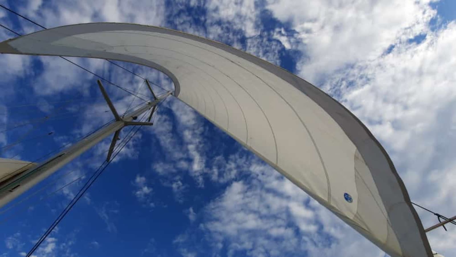 La grand-voile du catamaran Guyavoile gonflée sous le ciel bleu